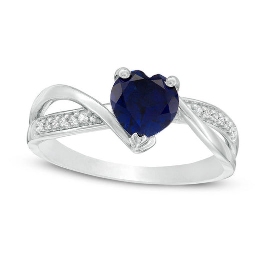 6.0mm Heart-Shaped Lab-Created Blue Sapphire and 0.05 CT. T.W. Diamond Crossover Bypass Promise Ring in Sterling Silver