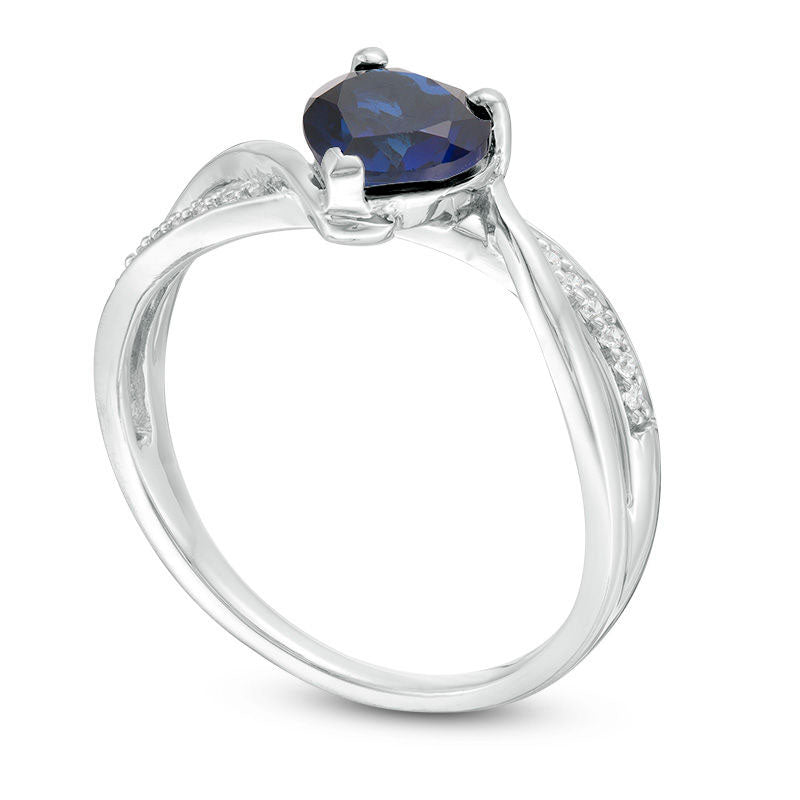 6.0mm Heart-Shaped Lab-Created Blue Sapphire and 0.05 CT. T.W. Diamond Crossover Bypass Promise Ring in Sterling Silver