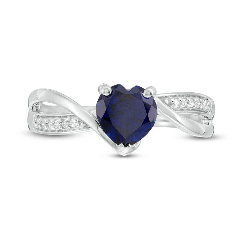 6.0mm Heart-Shaped Lab-Created Blue Sapphire and 0.05 CT. T.W. Diamond Crossover Bypass Promise Ring in Sterling Silver