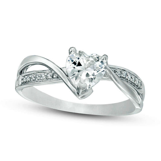 6.0mm Heart-Shaped Lab-Created White Sapphire and 0.05 CT. T.W. Diamond Crossover Bypass Promise Ring in Sterling Silver