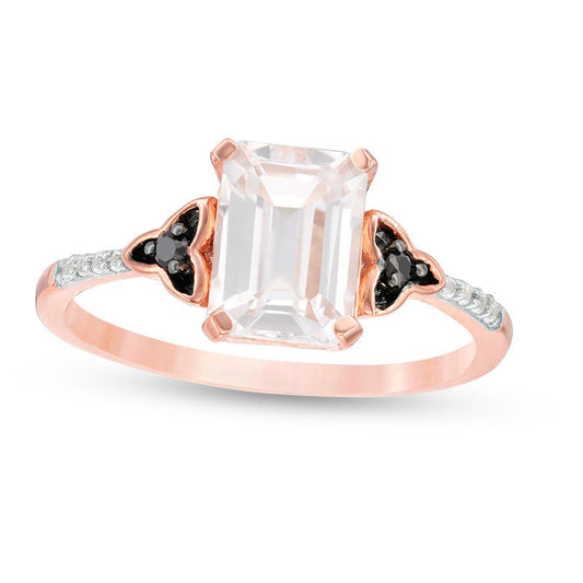 Emerald-Cut Lab-Created White Sapphire and 0.05 CT. T.W. Enhanced Black and White Diamond Promise Ring in Solid 10K Rose Gold