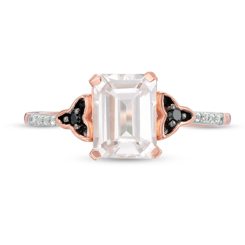 Emerald-Cut Lab-Created White Sapphire and 0.05 CT. T.W. Enhanced Black and White Diamond Promise Ring in Solid 10K Rose Gold