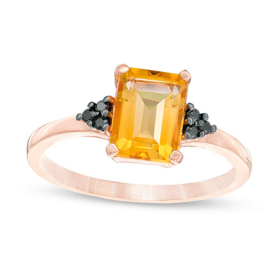 Emerald-Cut Citrine and 0.05 CT. T.W. Enhanced Black Natural Diamond Tri-Sides Promise Ring in Solid 10K Rose Gold