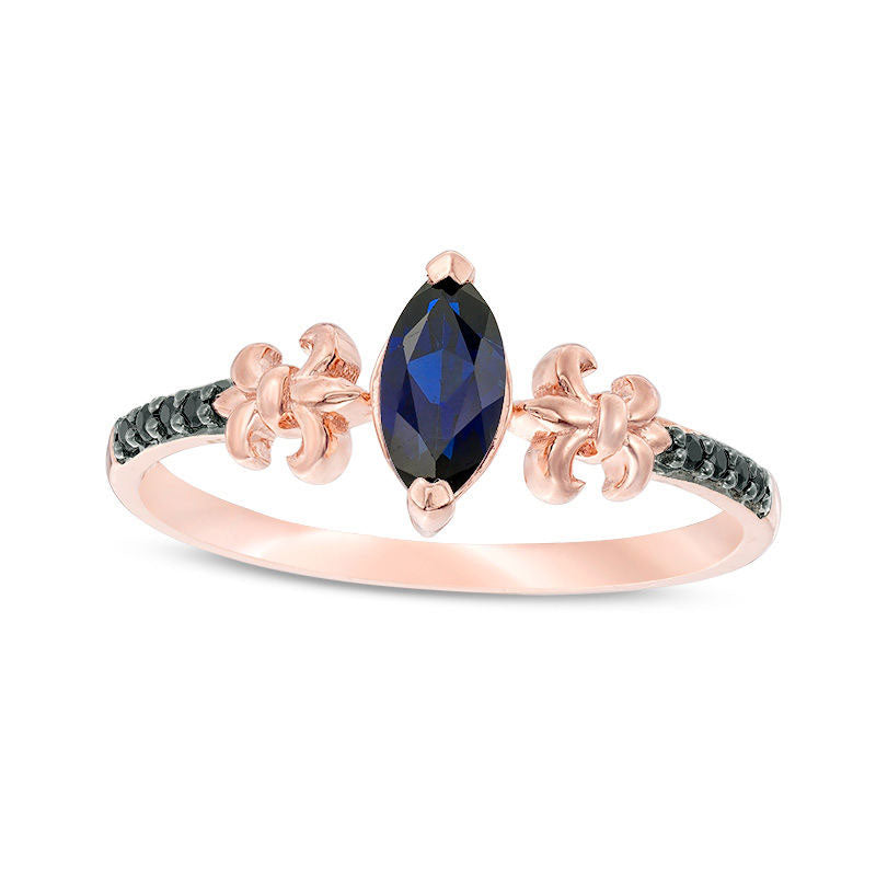 Marquise Lab-Created Blue Sapphire and 0.05 CT. T.W. Enhanced Black Diamond Fleur-de-Lis Promise Ring in Solid 10K Rose Gold