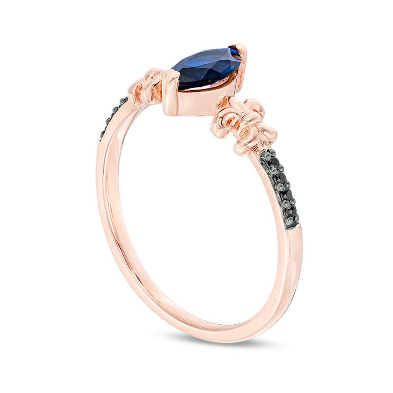 Marquise Lab-Created Blue Sapphire and 0.05 CT. T.W. Enhanced Black Diamond Fleur-de-Lis Promise Ring in Solid 10K Rose Gold