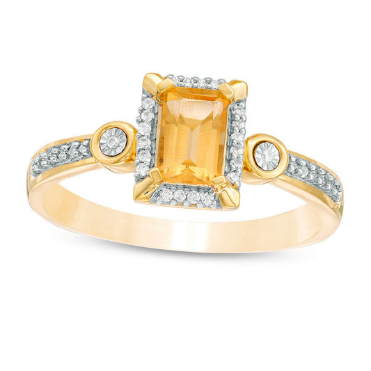 Emerald-Cut Citrine and 0.05 CT. T.W. Natural Diamond Frame Art Deco-Inspired Promise Ring in Solid 10K Yellow Gold