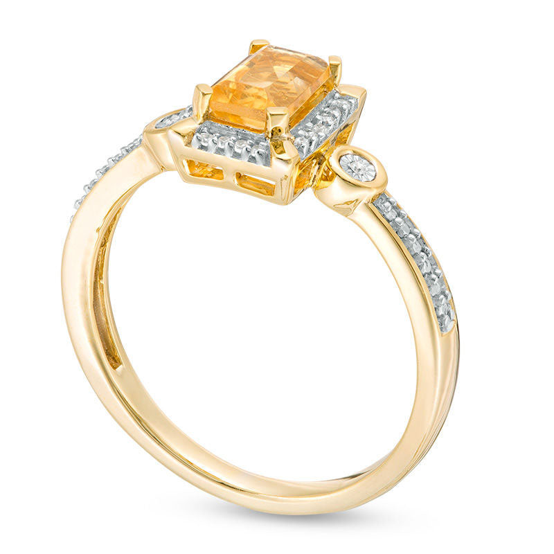 Emerald-Cut Citrine and 0.05 CT. T.W. Natural Diamond Frame Art Deco-Inspired Promise Ring in Solid 10K Yellow Gold