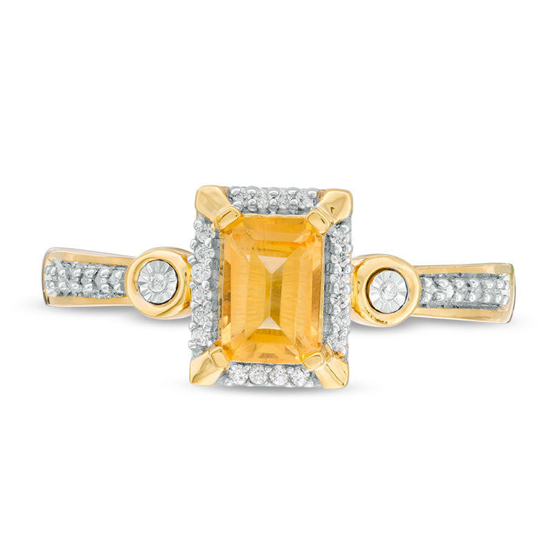 Emerald-Cut Citrine and 0.05 CT. T.W. Natural Diamond Frame Art Deco-Inspired Promise Ring in Solid 10K Yellow Gold