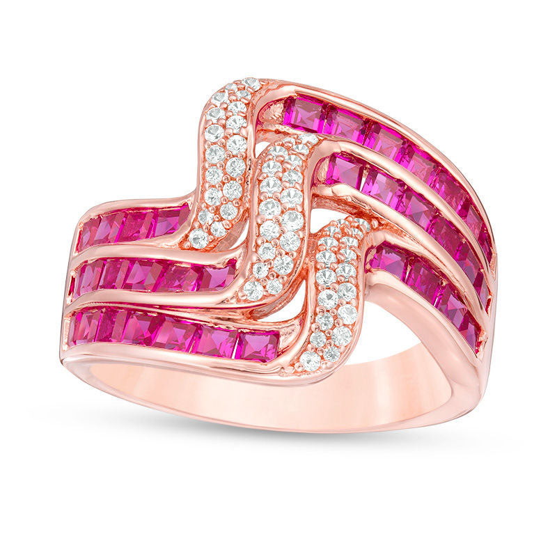 Princess-Cut Lab-Created Ruby and White Sapphire Multi-Row Wave Ring in Sterling Silver with Solid 14K Rose Gold Plate