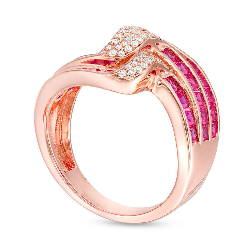 Princess-Cut Lab-Created Ruby and White Sapphire Multi-Row Wave Ring in Sterling Silver with Solid 14K Rose Gold Plate