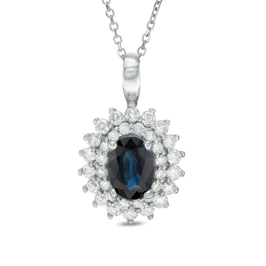 Certified Oval Blue Sapphire and 0.5 CT. T.W. Natural Diamond Starburst Frame Pendant in 14K White Gold