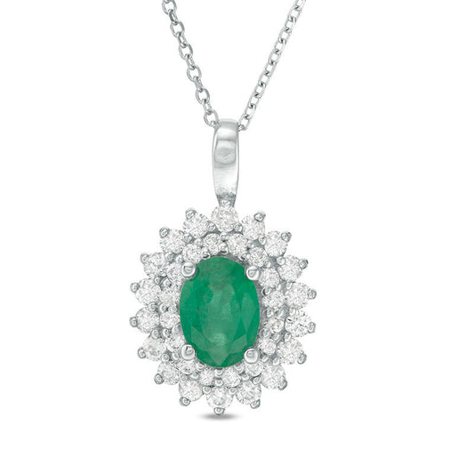 Certified Oval Emerald and 0.5 CT. T.W. Natural Diamond Starburst Frame Pendant in 14K White Gold