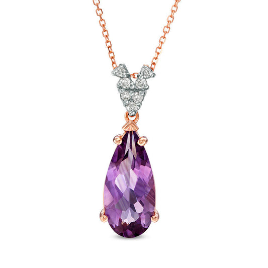 Elongated Pear-Shaped Amethyst and 0.1 CT. T.W. Natural Diamond Drop Pendant in 10K Rose Gold