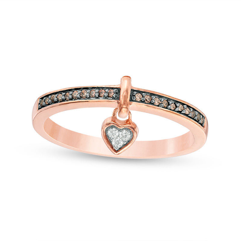 0.10 CT. T.W. Enhanced Champagne and White Natural Diamond Heart-Shaped Dangle Ring in Solid 10K Rose Gold with Black Rhodium