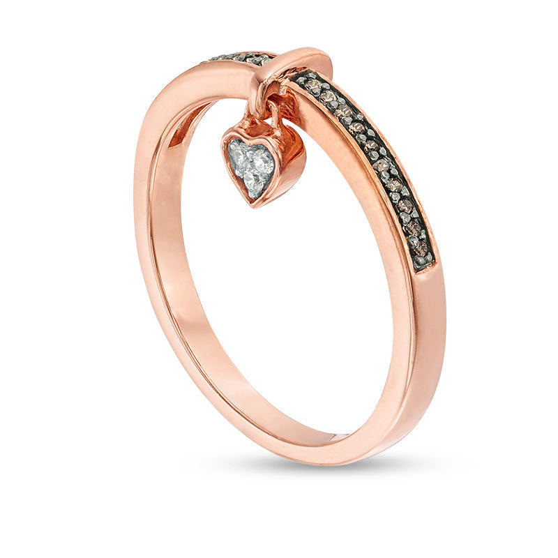 0.10 CT. T.W. Enhanced Champagne and White Natural Diamond Heart-Shaped Dangle Ring in Solid 10K Rose Gold with Black Rhodium