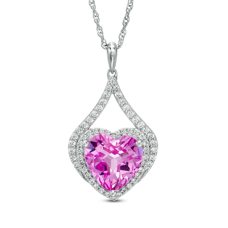 10.0mm Heart-Shaped Lab-Created Pink and White Sapphire Teardrop Frame Pendant in Sterling Silver