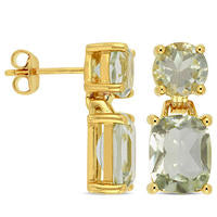 Cushion-Cut and Round Green Quartz Drop Earrings in Sterling Silver with Yellow Rhodium