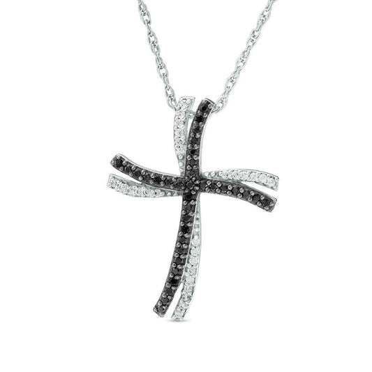 0.2 CT. T.W. Enhanced Black and White Natural Diamond Double Wavy Cross Pendant in 10K White Gold