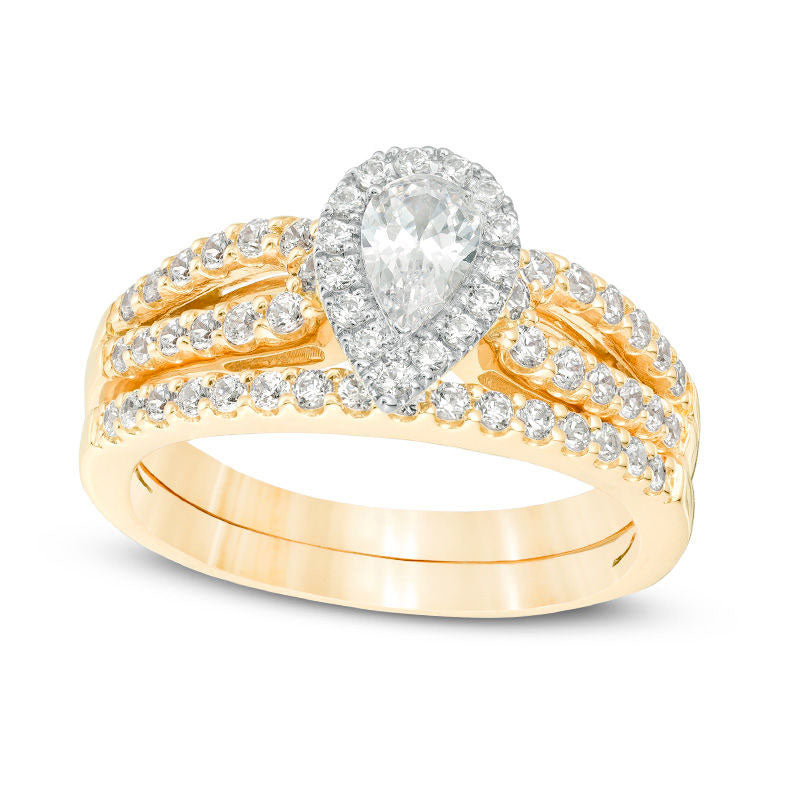 1.0 CT. T.W. Certified Pear-Shaped Natural Diamond Frame Split Shank Bridal Engagement Ring Set in Solid 14K Gold (I/I1)