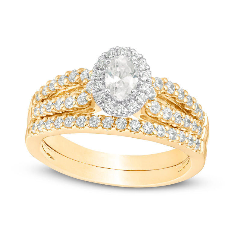 1.0 CT. T.W. Certified Oval Natural Diamond Frame Split Shank Bridal Engagement Ring Set in Solid 14K Gold (I/I1)