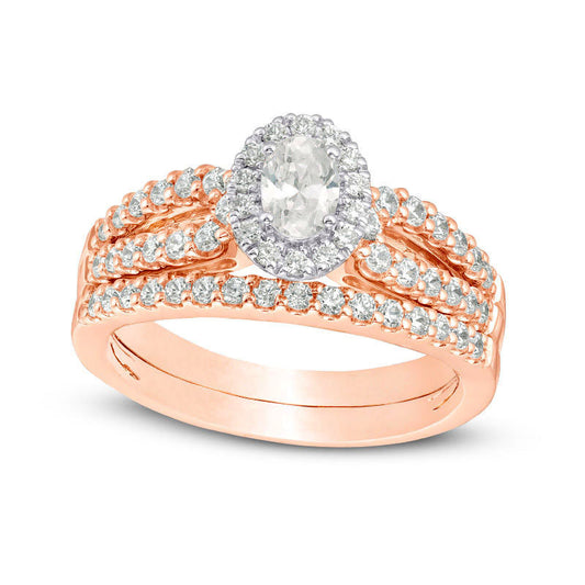 1.0 CT. T.W. Certified Oval Natural Diamond Frame Split Shank Bridal Engagement Ring Set in Solid 14K Rose Gold (I/I1)