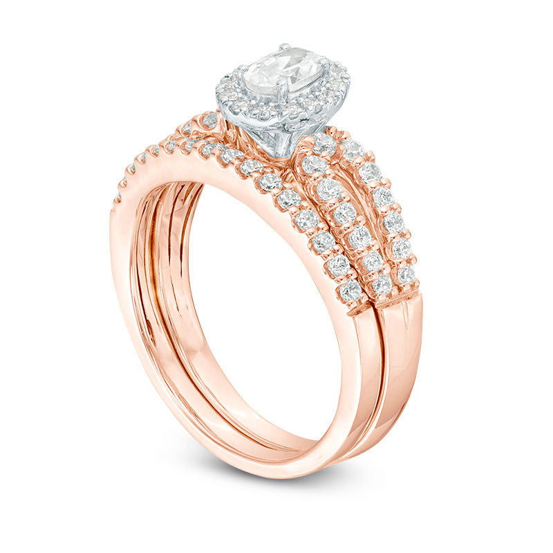 1.0 CT. T.W. Certified Oval Natural Diamond Frame Split Shank Bridal Engagement Ring Set in Solid 14K Rose Gold (I/I1)