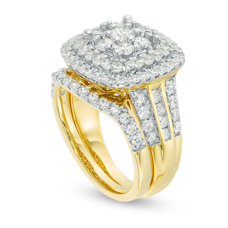 2.0 CT. T.W. Natural Diamond Triple Cushion Frame Bridal Engagement Ring Set in Solid 10K Yellow Gold