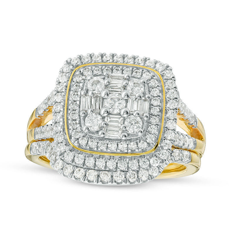 1.0 CT. T.W. Composite Natural Diamond Double Cushion Frame Bridal Engagement Ring Set in Solid 10K Yellow Gold