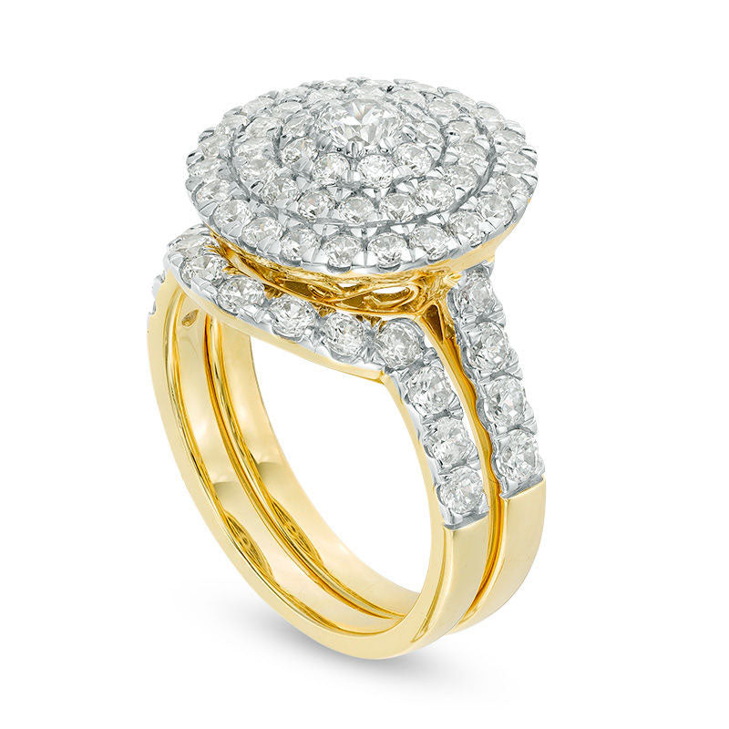 2.0 CT. T.W. Natural Diamond Triple Frame Bridal Engagement Ring Set in Solid 10K Yellow Gold