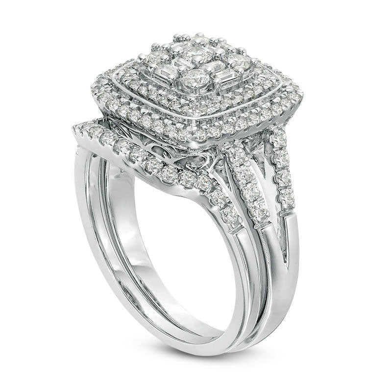 1.0 CT. T.W. Composite Natural Diamond Double Cushion Frame Bridal Engagement Ring Set in Solid 10K White Gold