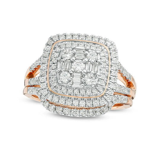 1.0 CT. T.W. Composite Natural Diamond Double Cushion Frame Bridal Engagement Ring Set in Solid 10K Rose Gold