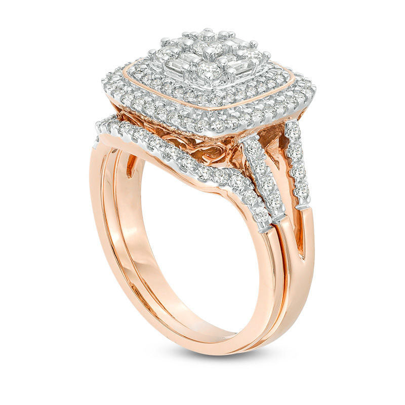 1.0 CT. T.W. Composite Natural Diamond Double Cushion Frame Bridal Engagement Ring Set in Solid 10K Rose Gold