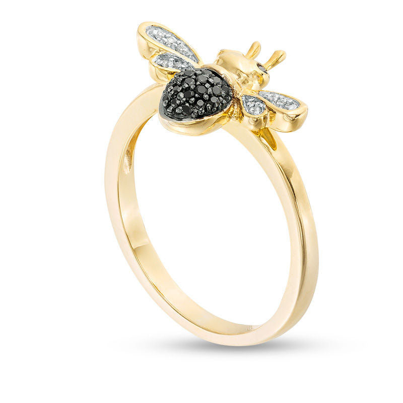 0.10 CT. T.W. Enhanced Black and White Natural Diamond Bumble Bee Ring in Sterling Silver and Solid 14K Gold Plate