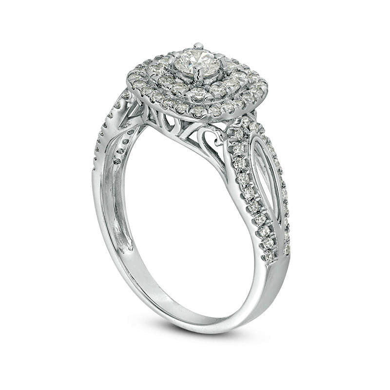 0.88 CT. T.W. Natural Diamond Double Cushion Frame Loop-Sides Engagement Ring in Solid 10K White Gold