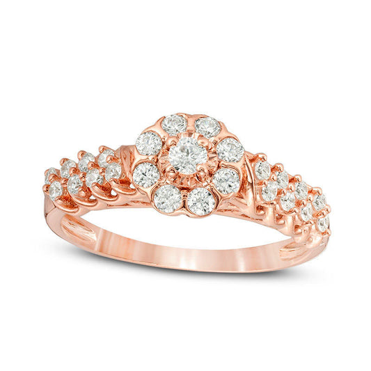 0.50 CT. T.W. Natural Diamond Flower Frame Multi-Row Engagement Ring in Solid 10K Rose Gold