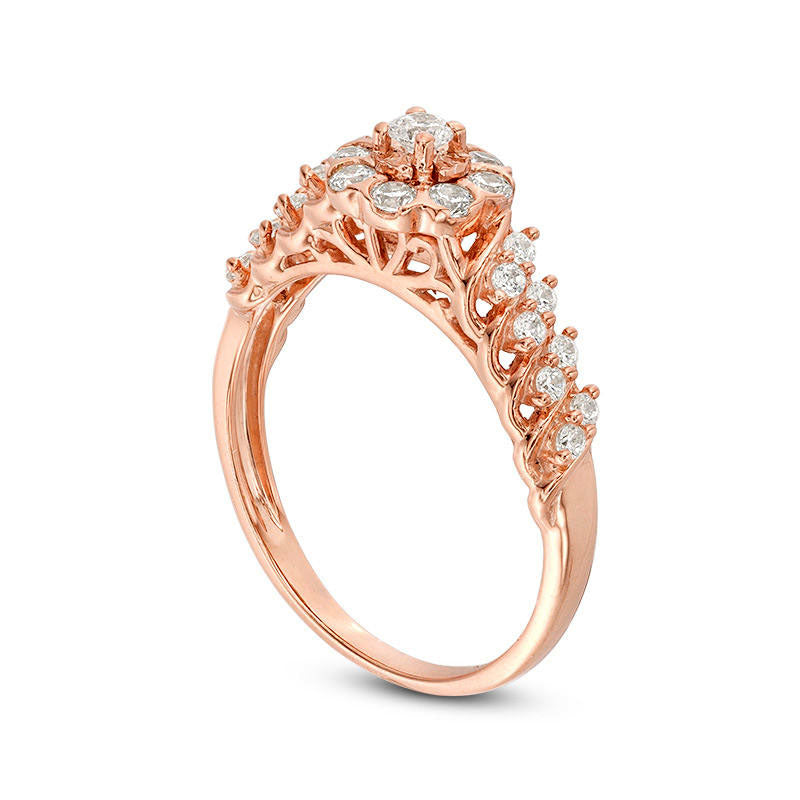 0.50 CT. T.W. Natural Diamond Flower Frame Multi-Row Engagement Ring in Solid 10K Rose Gold