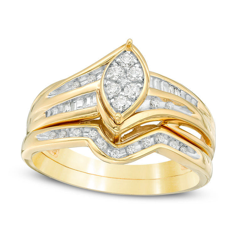 0.25 CT. T.W. Marquise Composite Natural Diamond Bridal Engagement Ring Set in Sterling Silver with Solid 14K Gold Plate