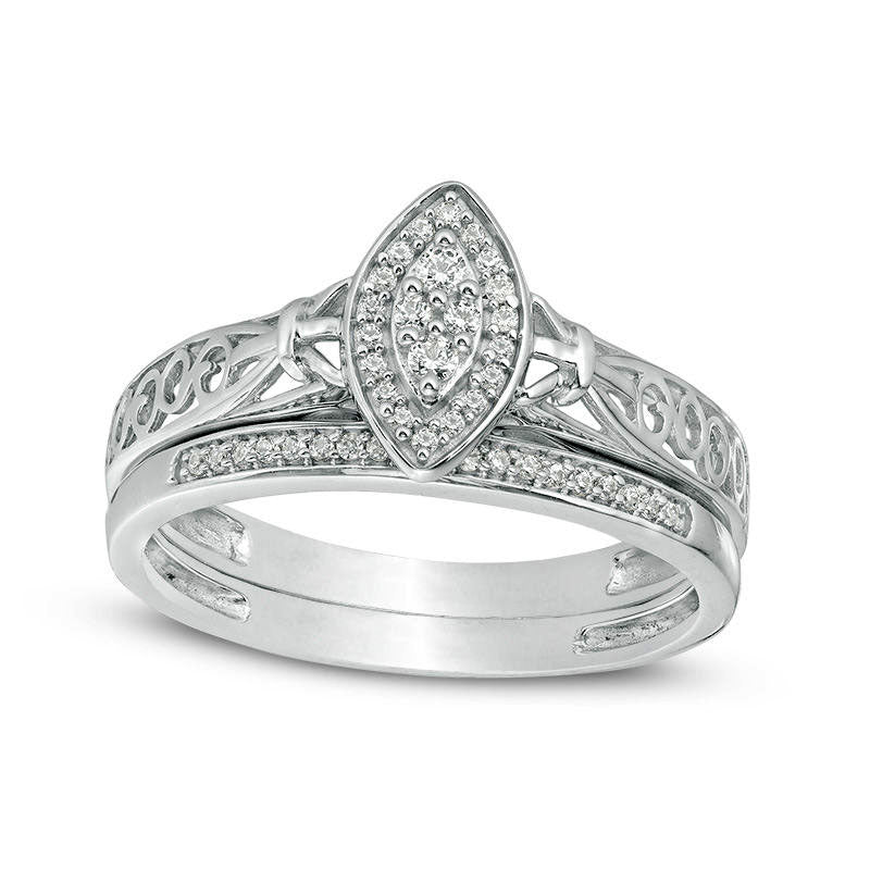 0.17 CT. T.W. Marquise Composite Natural Diamond Frame Filigree Shank Bridal Engagement Ring Set in Sterling Silver