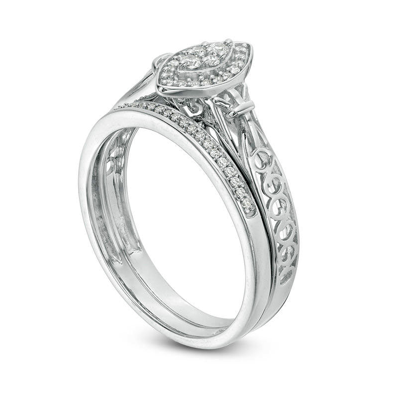 0.17 CT. T.W. Marquise Composite Natural Diamond Frame Filigree Shank Bridal Engagement Ring Set in Sterling Silver