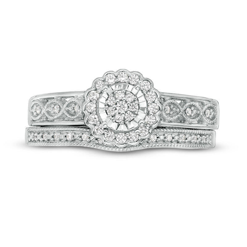 0.20 CT. T.W. Composite Natural Diamond Flower Frame Antique Vintage-Style Bridal Engagement Ring Set in Sterling Silver