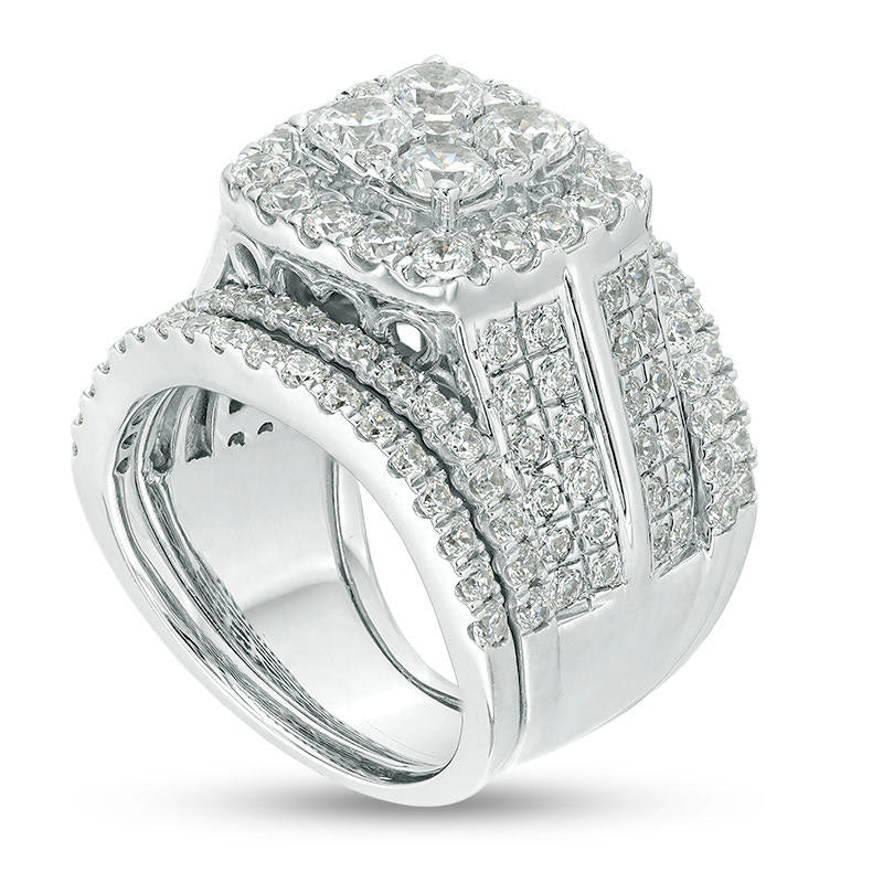 4 CT. T.W. Quad Natural Diamond Multi-Row Three Piece Bridal Engagement Ring Set in Solid 14K White Gold