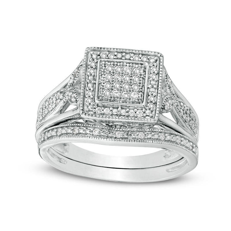 0.20 CT. T.W. Composite Natural Diamond Square Frame Antique Vintage-Style Bridal Engagement Ring Set in Sterling Silver