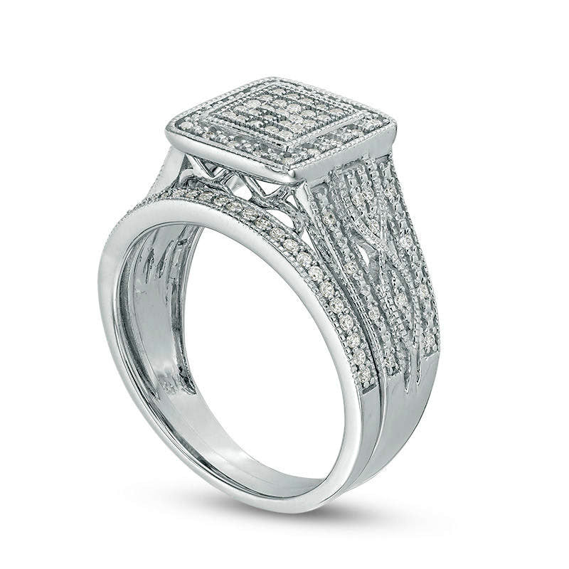 0.25 CT. T.W. Composite Natural Diamond Square Frame Multi-Row Antique Vintage-Style Bridal Engagement Ring Set in Sterling Silver