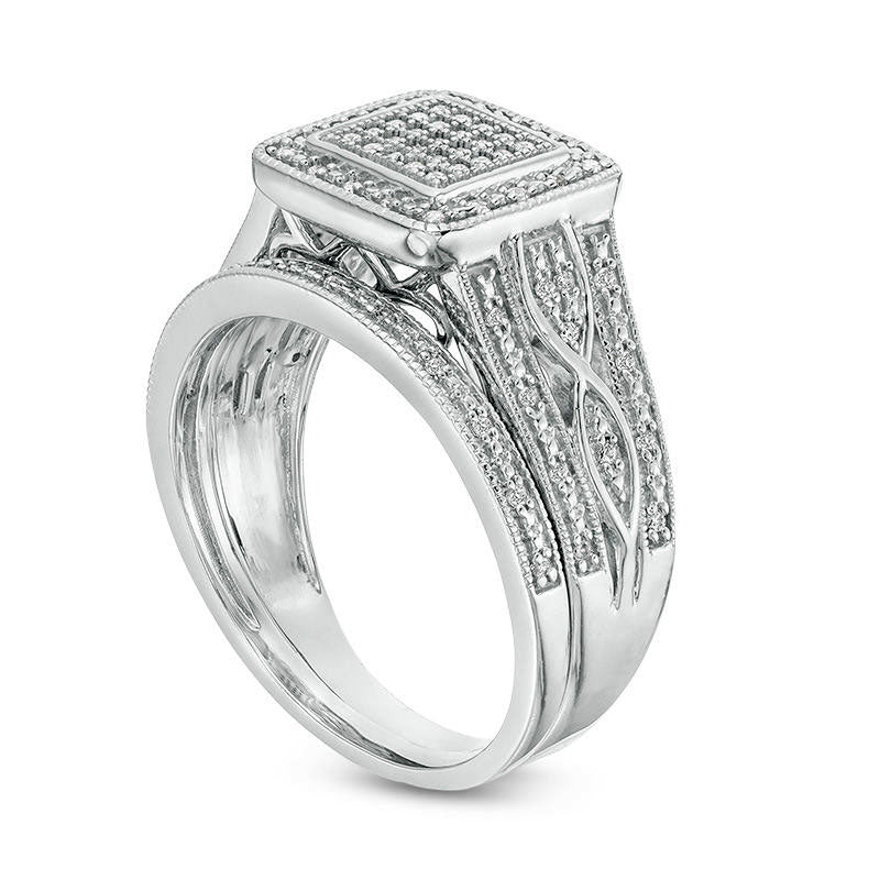 0.25 CT. T.W. Composite Natural Diamond Square Frame Multi-Row Antique Vintage-Style Bridal Engagement Ring Set in Sterling Silver