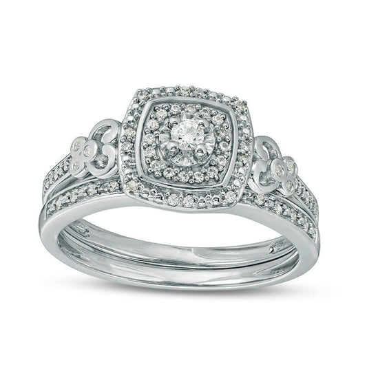 0.25 CT. T.W. Natural Diamond Double Cushion Frame Filigree Bridal Engagement Ring Set in Sterling Silver