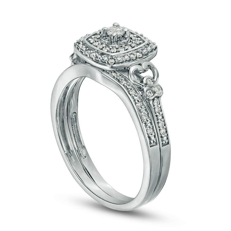 0.25 CT. T.W. Natural Diamond Double Cushion Frame Filigree Bridal Engagement Ring Set in Sterling Silver