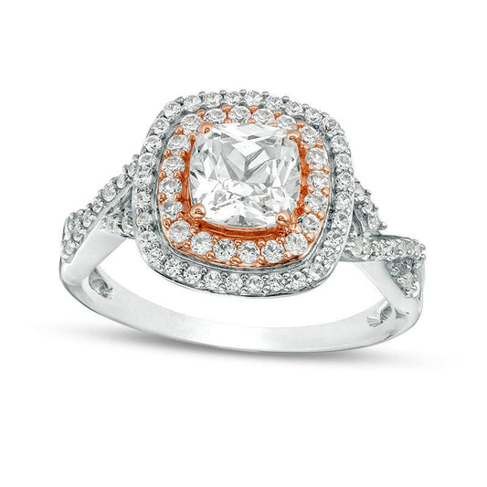 Cushion-Cut Lab-Created White Sapphire Double Frame Twist Ring in Sterling Silver with Solid 14K Rose Gold Plate