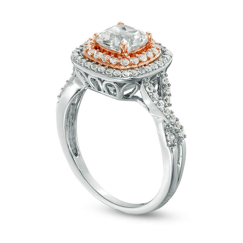 Cushion-Cut Lab-Created White Sapphire Double Frame Twist Ring in Sterling Silver with Solid 14K Rose Gold Plate