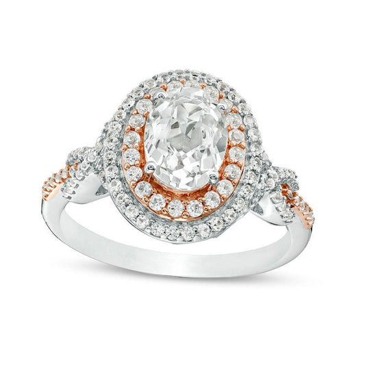 Oval Lab-Created White Sapphire Double Frame Twist Ring in Sterling Silver with Solid 14K Rose Gold Plate