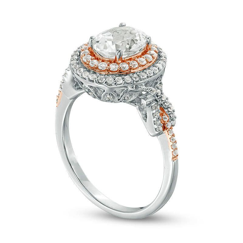 Oval Lab-Created White Sapphire Double Frame Twist Ring in Sterling Silver with Solid 14K Rose Gold Plate